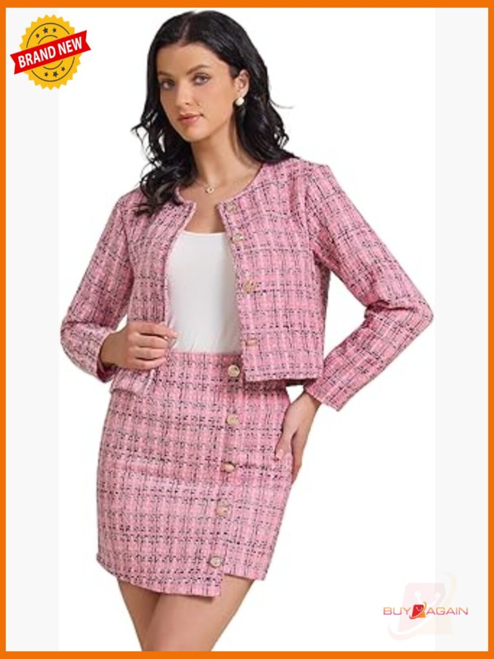 Women's 2 Piece Tweed Skirt Set Blazer Button Down Jacket Mini Skirt Business
